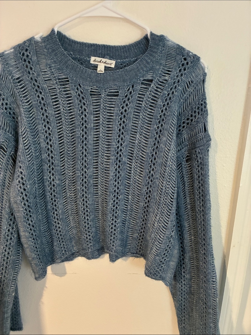 Derek Heart Dusty Blue Open-Weave Crewneck Sweater